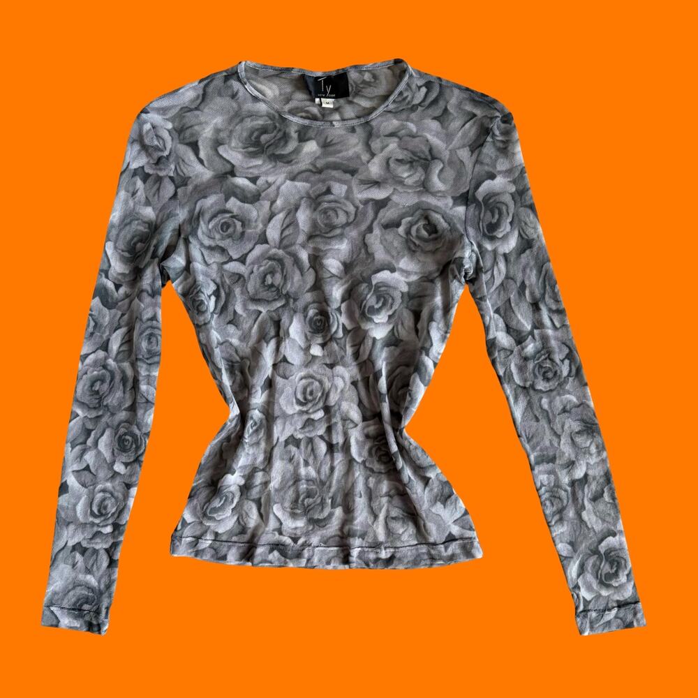 90's vintage gray rose floral mesh long sleeve bodycon top MEDIUM ty New York